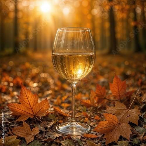 A glass of white wine rests among fallen autumn leaves in a sunlit forest, with the warm glow of the setting sun enhancing the golden hues of the scene