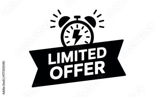 A black and white illustration of a timer with a lightning bolt and a banner that says 'LIMITED OFFER'.