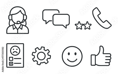 Customer support icons: representative, chat, feedback, settings, phone, emoticons, review.