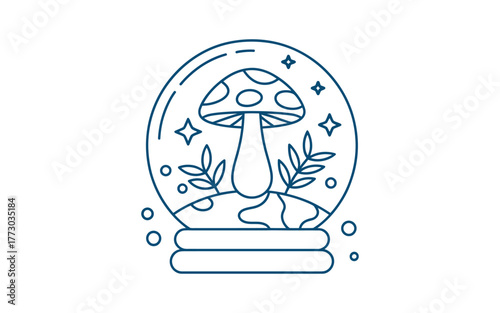 A mushroom sits inside a snow globe with stars and leaves around it.