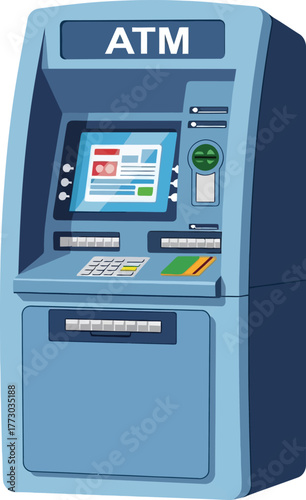 Modern ATM Machine Vector Illustration – Automated Teller Machine with Screen, Card Slot, and Keypad for Banking and Finance Concepts
