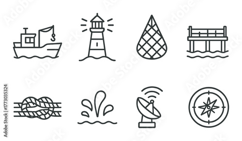 Nautical icons: boat, lighthouse, fishing net, pier, sea elements.