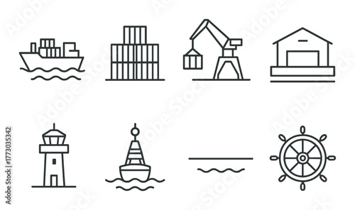 Minimalist maritime and logistics icons: ship, warehouse, crane, lighthouse, buoy, helm.