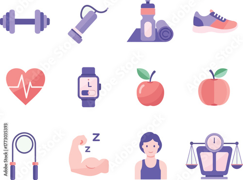 Flat Health, Fitness, and Wellness Icons - Workout, Nutrition, and Lifestyle