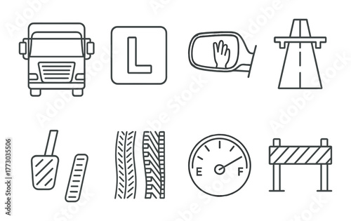Driving education symbols - truck, learner, mirror, road, pedals, tires, fuel, barrier.