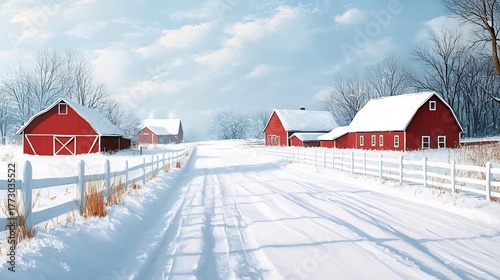 Picturesque Snowy Landscape with Red Barns and Fenced Pathway in Rural Countryside