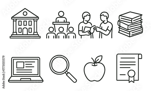 Education icons: school, books, learning, and certification symbols.