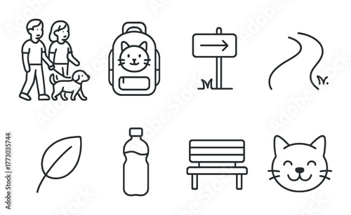 Icons of park activities: family, path, backpack, cat, water bottle, leaf.