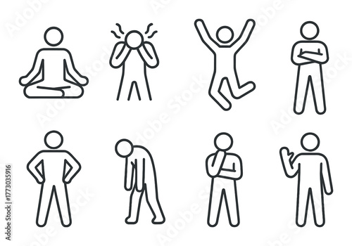 Silhouettes depicting various human emotions and actions on dark background.