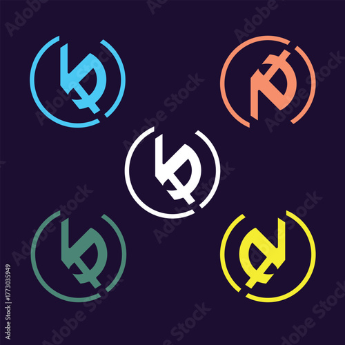 A set of four abstract circular logos featuring stylized letters "b", "p", and "d" integrated into broken ring designs.