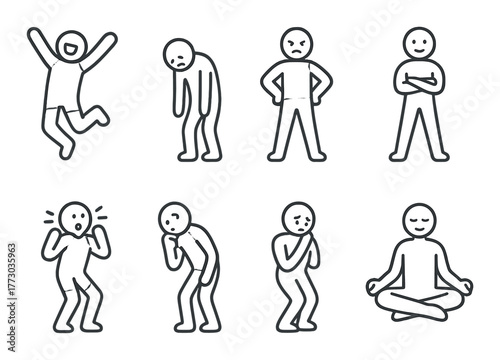 Stick figure emotions: joy, sadness, anger, confidence, fear, anxiety, contemplation, meditation.