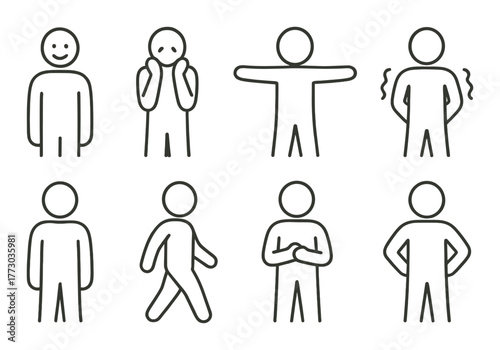 Stick figures displaying various emotions and gestures on gradient background.