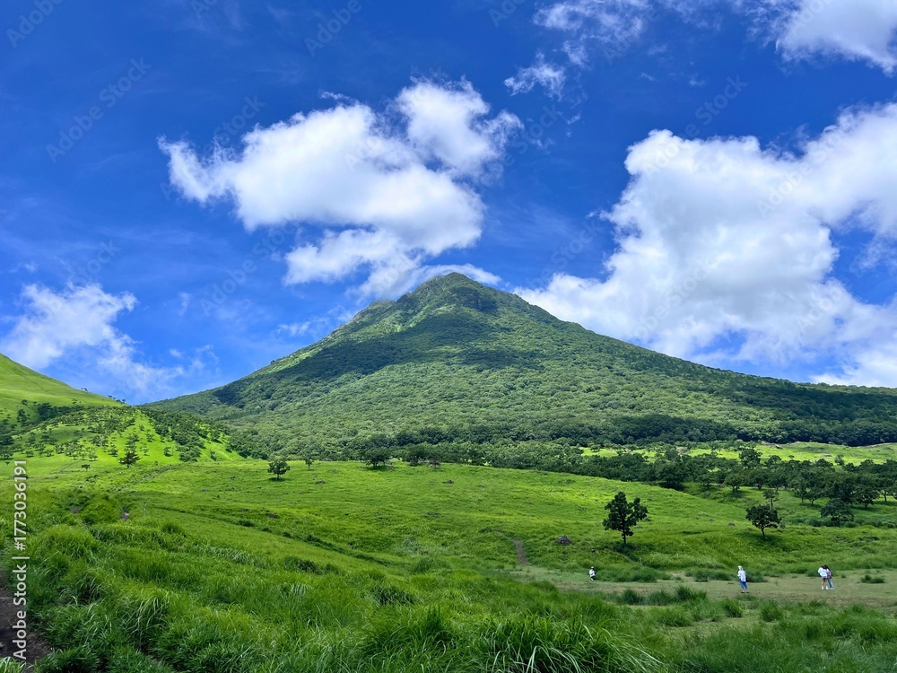 Fototapeta premium Mount Yufu and green meadows under blue sky and white clouds