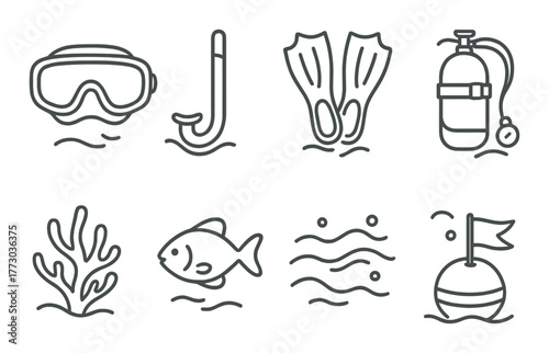 Diving equipment icons: mask, snorkel, fins, tank, coral, fish, bubbles, buoy.