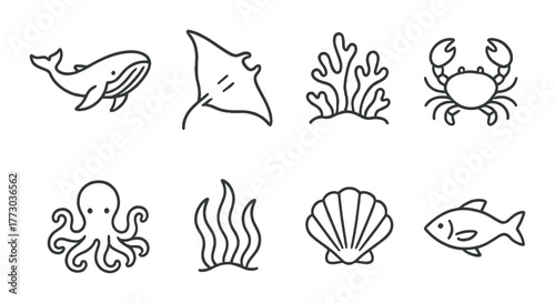 Underwater marine life icons featuring sea creatures and plants.