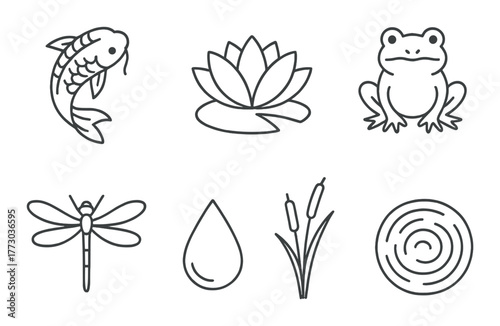 Zen symbols: koi, lotus, frog, dragonfly, waterdrop, cattails, spiral.