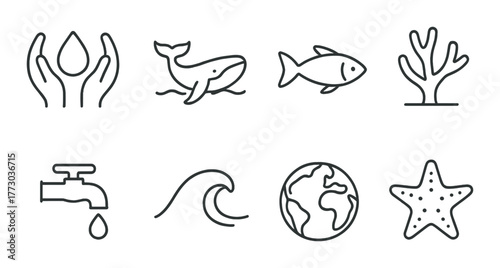 Minimalistic ocean icons: marine life, water conservation, earth symbol, coral, fish, whale, starfish.