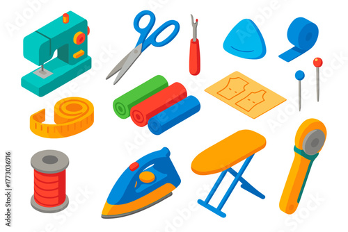 Sewing Tools Icons. Isometric vector illustration set Sewing and Textile Tools Icons: sewing machine, fabric scissors, seam ripper