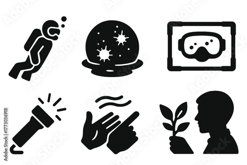 Diver's Night Observation. Solid style icons of spawning observation experience: Diver Watching, Glow in Water, Floating Mask View