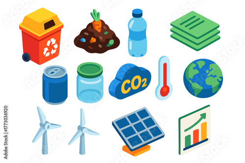 Recycling Education Icons. Isometric vector illustration set Recycling Education Icons: school recycling bin, compost heap,