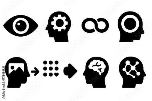 Cognitive Recognition Icons. Solid style icons of cognitive recognition: Eye and Brain Icon, Abstract Thinking, Memory Link, Focus