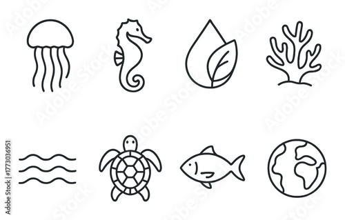 Monochrome ocean icon set featuring marine life and earth symbols. Monochrome ocean icon set featuring marine life and earth symbols.