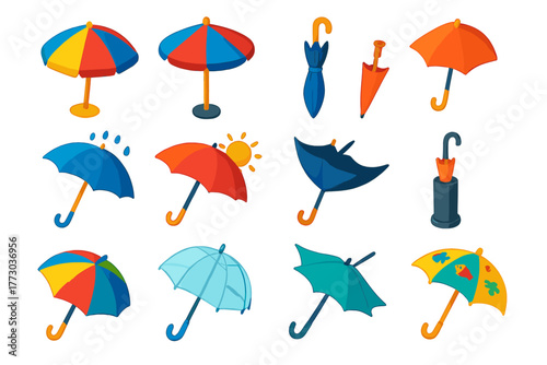 Colorful Umbrella Icons. Isometric vector illustration set Sun and Rain Umbrella Icons: beach umbrella, patio umbrella, folding