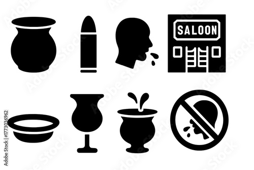Old West Spittoon Icons. Solid style icons of Old West Drinking & Spit: Tobacco Spittoon, Brass, Aim, Chewing Tobacco, Saloon, Rim