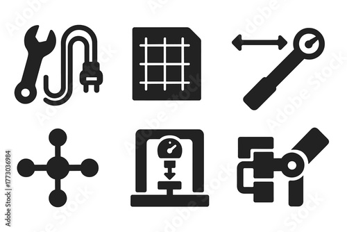 Engineering Tools Icons. Solid style icons of engineering and mechanics: Wrench and Cable, Blueprint Grid, Measurement Arrow,