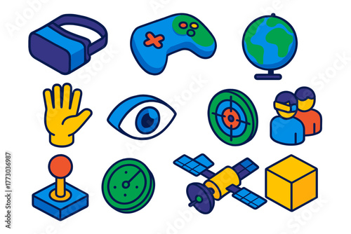 Multiplayer VR Icons. Isometric vector illustration set Multiplayer VR Icons: headset, game controller, globe, waving hand, eye,