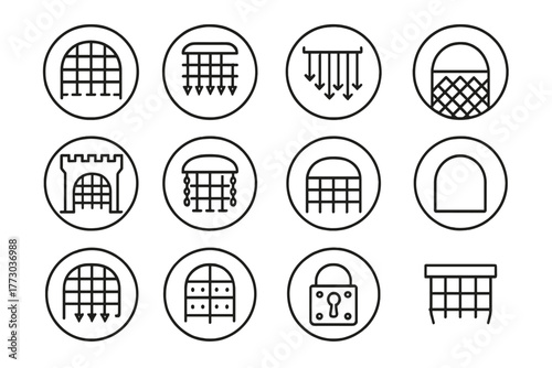 Portcullis Icons Collection. Line style icons of portcullis in round shape: iron portcullis, raised gate, descending spikes,