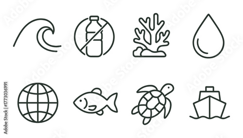 Environmental icons: ocean waves, plastic ban, coral, water drop, earth, fish, turtle, boat. Environmental icons: ocean waves, plastic ban, coral, water drop, earth, fish, turtle, boat.