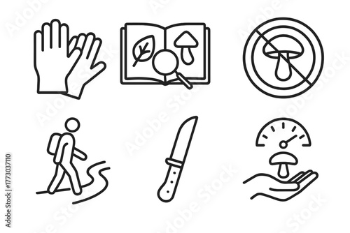 Safe Foraging Icon Set. Line style icons of Safe Foraging Practices: use of gloves, double-checking field guide, no eating in