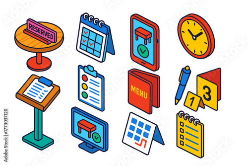 Restaurant Reservation Icons. Isometric vector illustration set Restaurant Reservation Icons: table with reserved sign, booking
