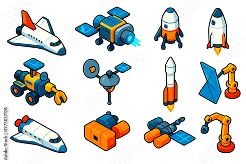 Cosmic Exploration Vehicles. Isometric vector illustration set Cosmic Exploration Vehicles: spaceplane, ion drive spacecraft,