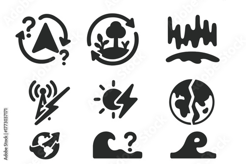 Reversal Effects Icons. Solid style icons of reversal effects and symbols: Navigation Confusion Icon, Ecosystem Shift, Signal