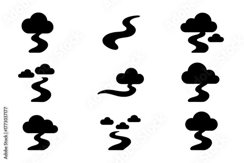 Aerial Waterway Icons. Solid style icons of symbolic river-in-the-sky imagery: Sky Flow Ribbon, Floating Stream Icon, Invisible