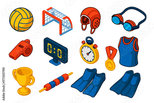 Water Polo Essentials. Isometric vector illustration set Water Polo Gear: water polo ball, goal net, swim cap with ear guards,