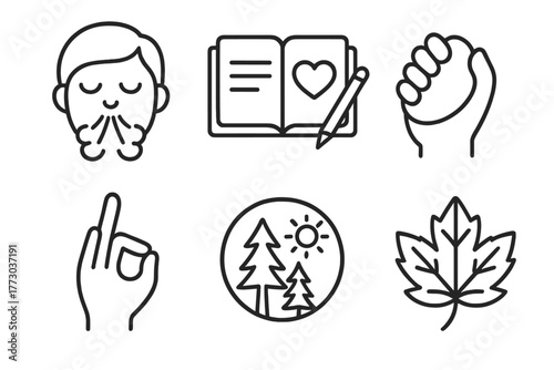 Emotional Reset Icons. Line style icons of Emotional Reset Activities: deep breath face, journal and heart icon, stress ball,