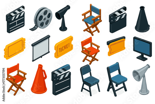Filmmaking Tools Icons. Isometric vector illustration set filmmaking elements: striped slate clapperboard, film reel with leader,