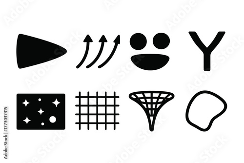 Cosmic Topology Icons. Solid style icons of cosmic topology study: 3D Universe Shape, Curvature Indicator, Flat/Open/Closed Model,