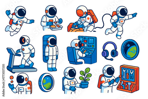 Astronaut's Space Adventures. Isometric vector illustration set Astronaut Life in Space: astronaut floating, eating space food,
