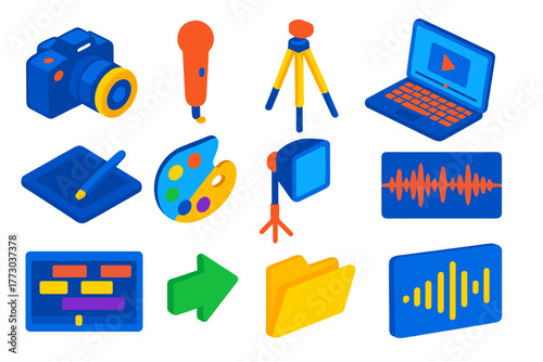 Post-production Tools Illustration. Isometric vector illustration set Post-production Tools Icons: camera, microphone, tripod,