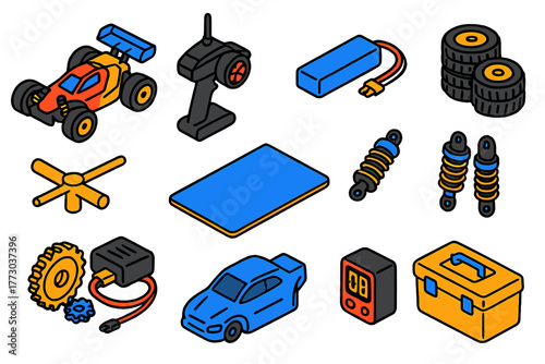 RC Car Racing Icons. Isometric vector illustration set RC Car Racing Gear Outline Style: RC car, transmitter controller, LiPo