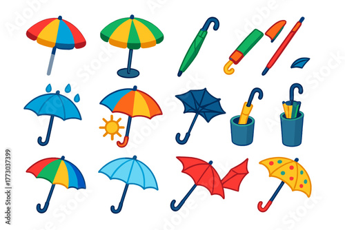Colorful Umbrella Icons. Isometric vector illustration set Sun and Rain Umbrella Icons: beach umbrella, patio umbrella, folding