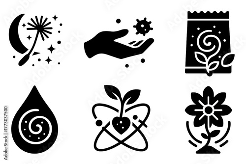 Cosmic Seeding Icons. Solid style icons of symbolic seeding concepts: Dandelion in Space, Hand Releasing Spore, Sprouting Cell in