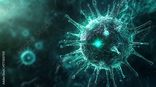 Glowing Microscopic Organism in Futuristic Blue Green Background