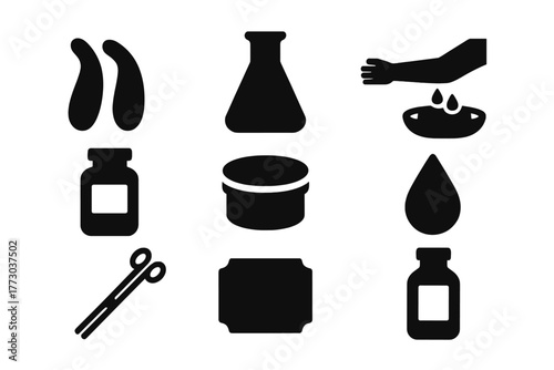 Antique Medical Icons. Solid style icons of Antique Medical Collection: Leeches, Glass, Bloodletting, Medicine, Lid, Droplet,
