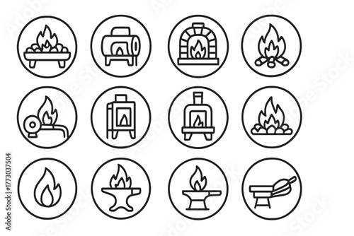 Forge Line Icons. Line style icons of forges in round shape: coal forge, gas forge, brick forge, open flame forge; forge with