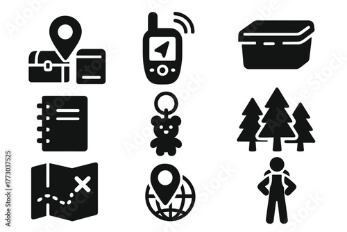 Adventure Game Icons. Solid style icons of Adventure Game: Geocaching, GPS, Container, Logbook, Trade Item, Forest, Treasure Hunt,